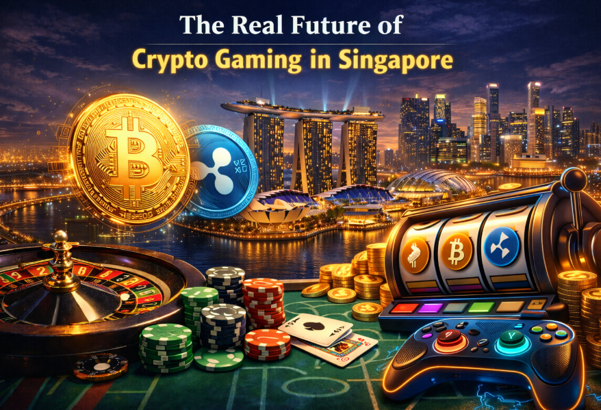 “Illustration of crypto gaming in Singapore with blockchain network over Marina Bay skyline”

